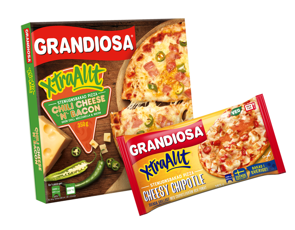 Chili cheese and bacon pizza och cheesy chipotle minipizza | Grandiosa