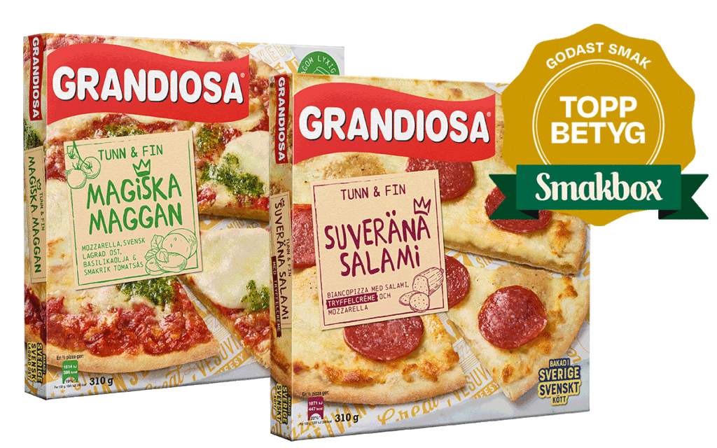 Grandiosas Tunn och Fin pizza med smakerna Suveräna Salami och Magiska Maggan.