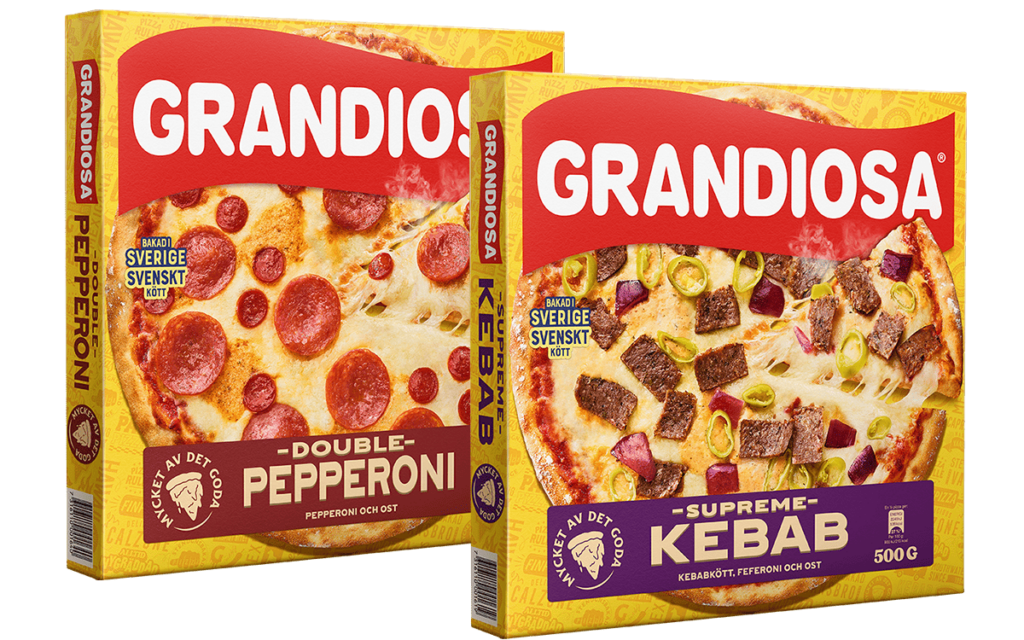 Grandiosa double pepperoni och Grandiosa Supreme Kebab pizzor.