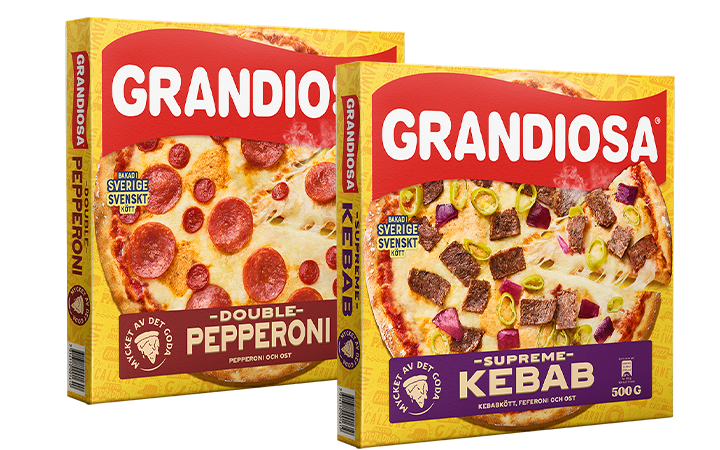 Grandiosa double pepperoni och Grandiosa Supreme Kebab pizzor.