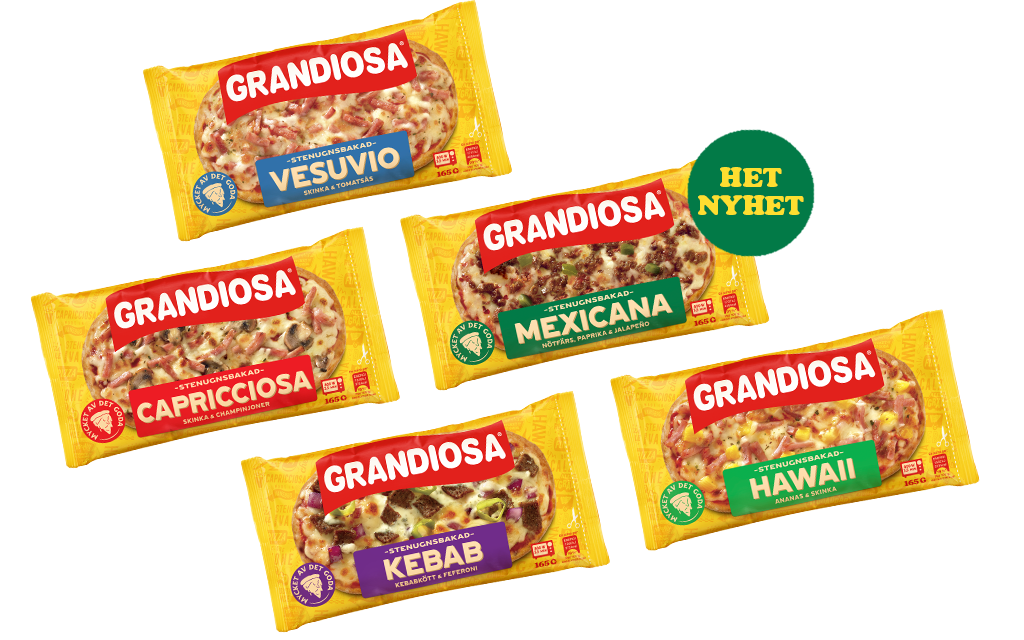 Grandiosa Minipizzor, Vesuvio, Capricciosa, Mexicana och Hawaii.